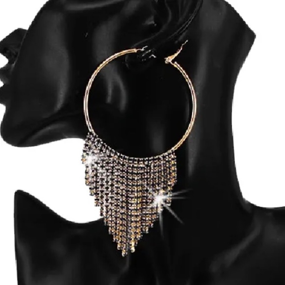 BLACK ICE Crystal chandelier cz BLING Hoop Dangle long statement Earrings Gold